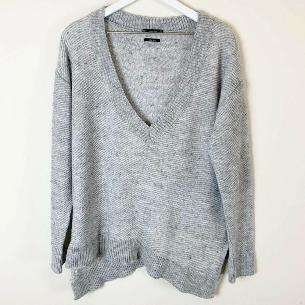 Zara Knit S Italian Yarn Oversized V Neck Grey Asymmetric Wool Mix Sweater
